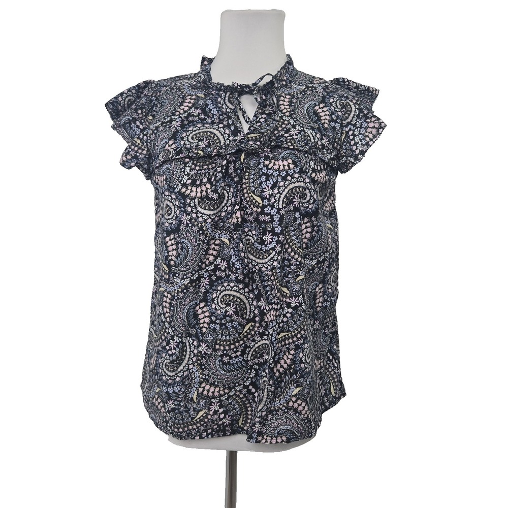 LOFT Black Paisley Print Size XS Flutter Sleeve Cotton Blouse‎ Top